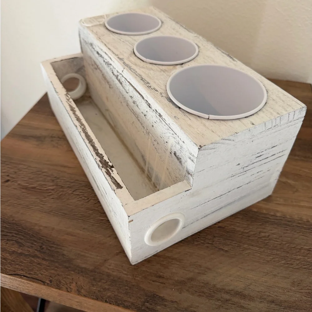 White Rustic Wooden Bath Countertop Organizer with 3 Holders